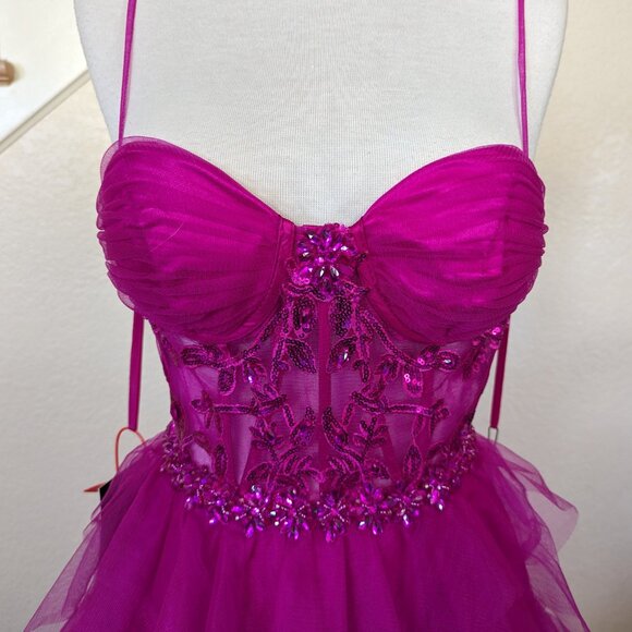 Fuchsia Sequin Corset Tulle Prom Formal Evening Dress 0 - Picture 5 of 6